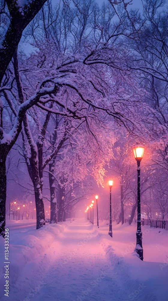 Winter nights showcase a blizzard with snowy streets and rime-velvet branches under light purple and pink hues Winter nights showcase a blizzard with snowy streets and rime-velvet branches under light purple and pink hues