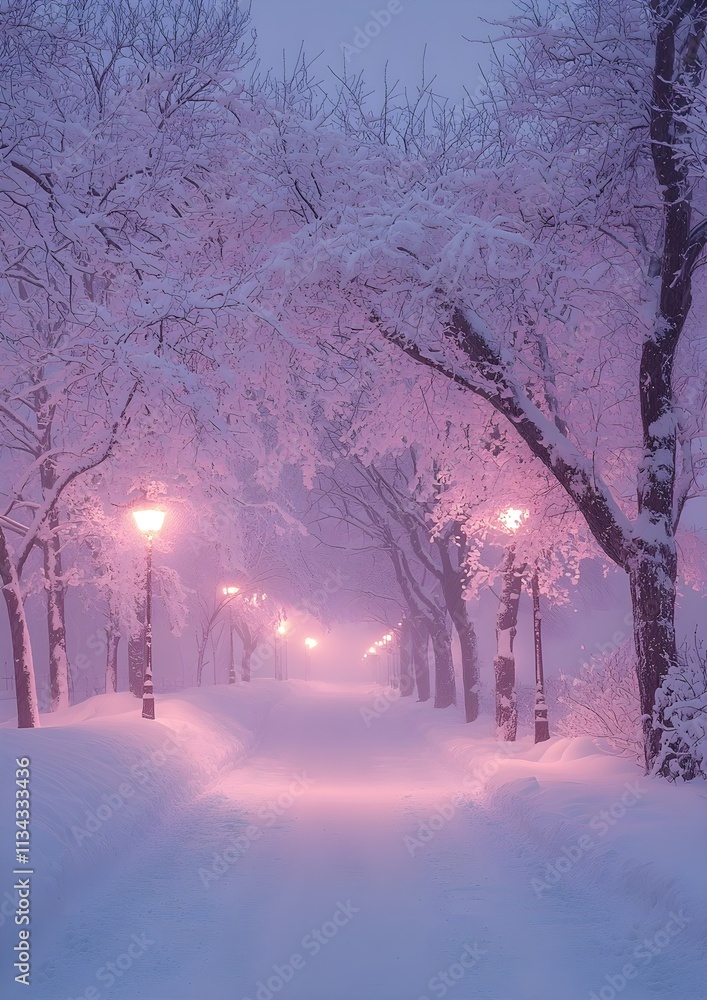 Winter nights showcase a blizzard with snowy streets and rime-velvet branches under light purple and pink hues Winter nights showcase a blizzard with snowy streets and rime-velvet branches under light purple and pink hues