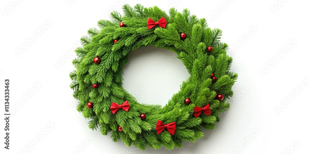 A festive green Christmas wreath, perfect for holiday decor, isolated on a white background. A festive green Christmas wreath, perfect for holiday decor, isolated on a white background.