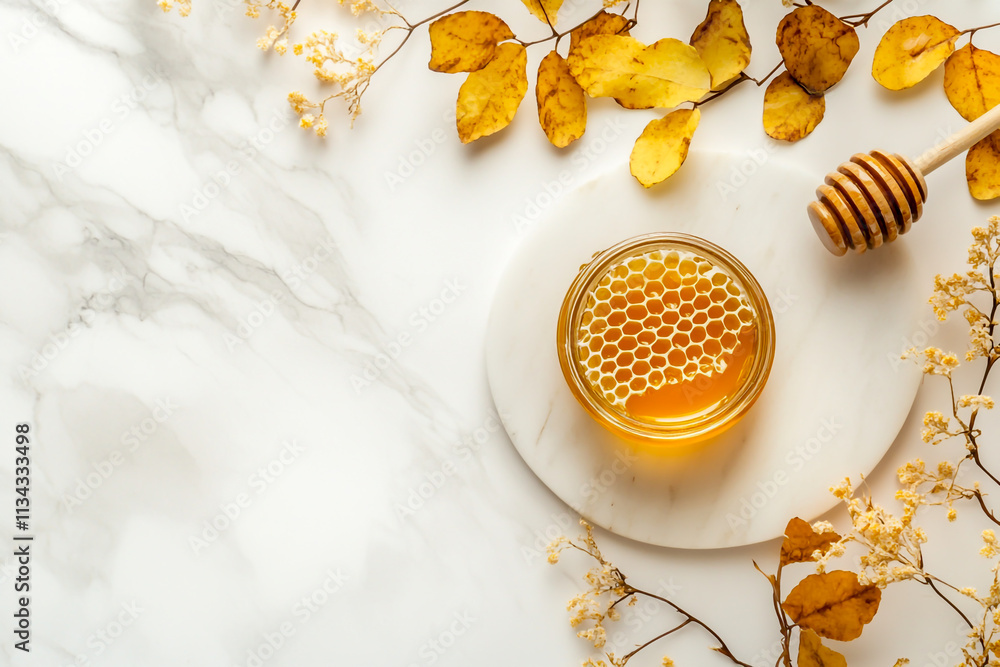 Honeycomb and Jar of Honey on a White Marble Board, Flat Lay Top View, Copy Space Banner Mockup Honeycomb and Jar of Honey on a White Marble Board, Flat Lay Top View, Copy Space Banner Mockup