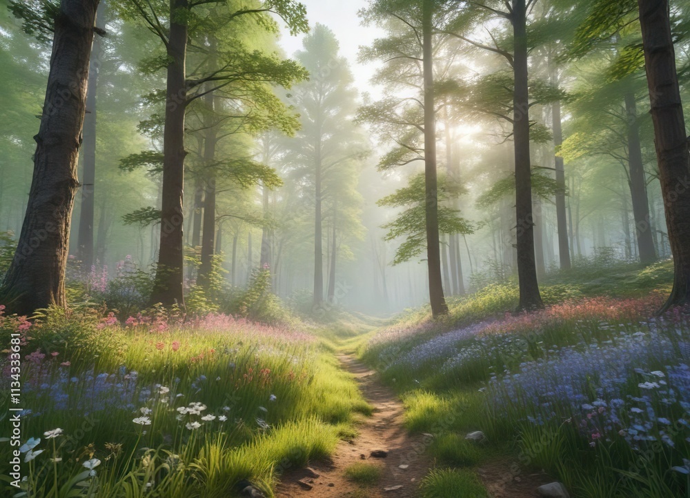 Naklejka premium A serene spring forest with tall trees, blooming wildflowers, and a gentle misty atmosphere, spring forest, , greenery