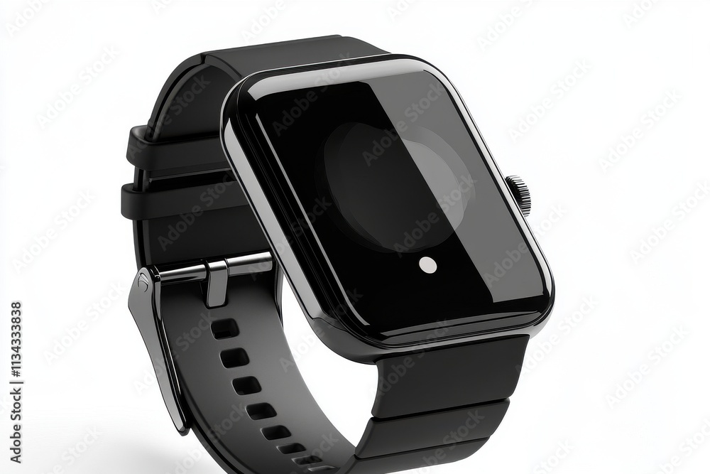 Sleek black smartwatch with a glossy display and a modern design, showcasing functionality and style. Sleek black smartwatch with a glossy display and a modern design, showcasing functionality and style.