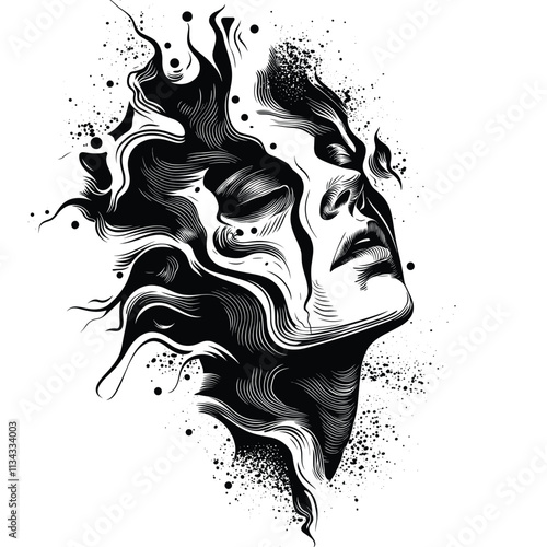 Elegant black and white abstract portrait of a serene woman.