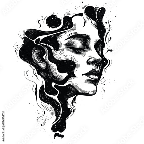 Elegant black and white abstract portrait of a serene woman.