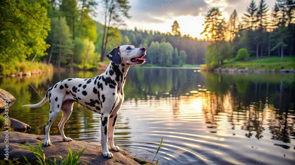 Dalmatian by a tranquil lake at sunset