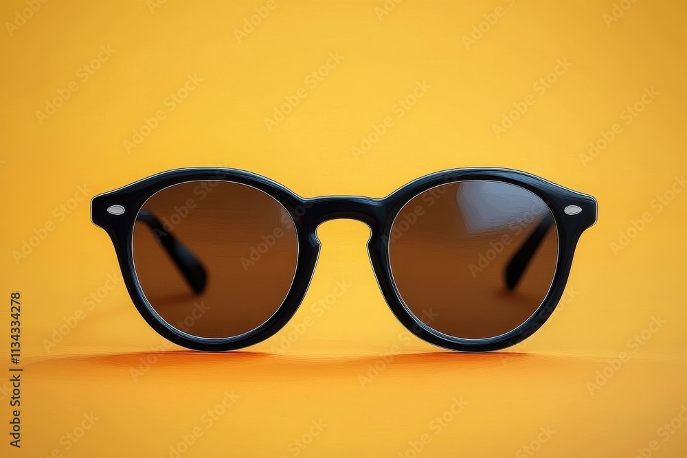 Stylish black sunglasses against a vibrant yellow background. Stylish black sunglasses against a vibrant yellow background.