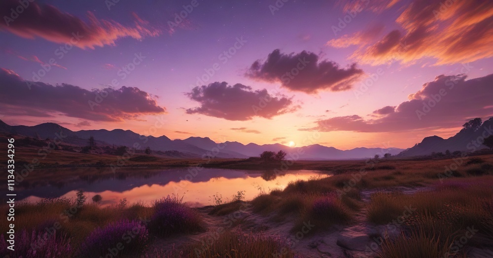 Obraz premium Purple and orange tones in the sky during an evening landscape shot, landscape, color palette, purple