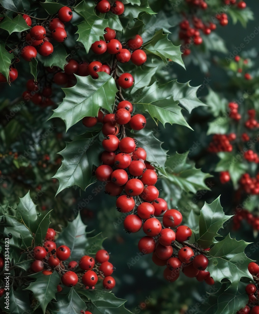 Obraz premium Red holly berries in clusters against a dark green leafy background, seasonal decoration, dark green leaves