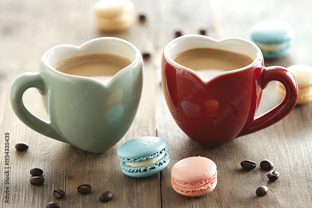 Heart-Shaped Mugs with Coffee and Colorful Macarons Heart-Shaped Mugs with Coffee and Colorful Macarons