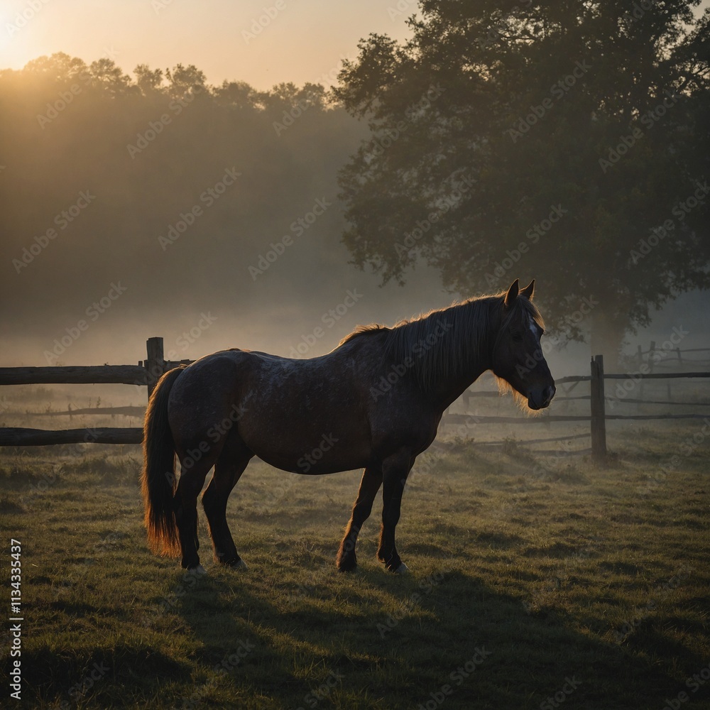 A lone horse silhouetted against the rising sun on a misty morning. A lone horse silhouetted against the rising sun on a misty morning.