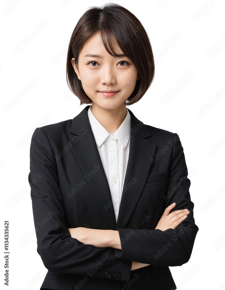 young asian girl with short hair wearing office attire with crossed arms . sideways body . ai generate young asian girl with short hair wearing office attire with crossed arms . sideways body . ai generate