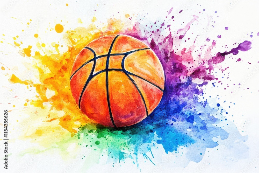 A vibrant watercolor illustration of a basketball against a colorful splash of paint. A vibrant watercolor illustration of a basketball against a colorful splash of paint.