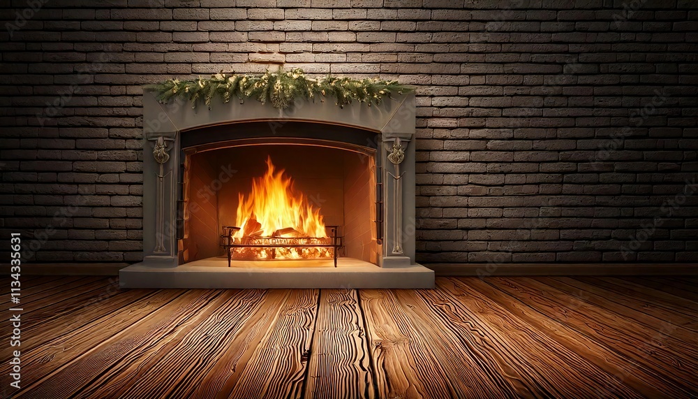 Cozy Fireplace with Warm Wooden Floor: Holiday Backdrop with Copy Space Cozy Fireplace with Warm Wooden Floor: Holiday Backdrop with Copy Space