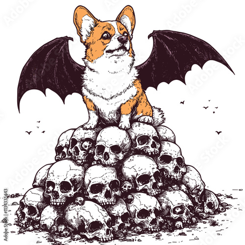 Corgi with bat wings on a pile of skulls.