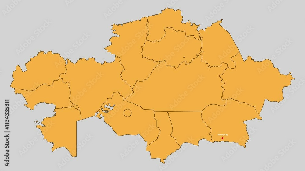 Almaty City map animated video. The location is highlighted on the Kazakhstan map. Colour map with Gray background in video format. Almaty City map animated video. The location is highlighted on the Kazakhstan map. Colour map with Gray background in video format.