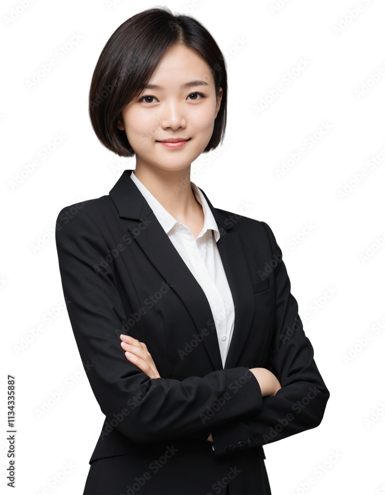 young asian girl with short hair wearing office attire with crossed arms . sideways body . ai generate young asian girl with short hair wearing office attire with crossed arms . sideways body . ai generate