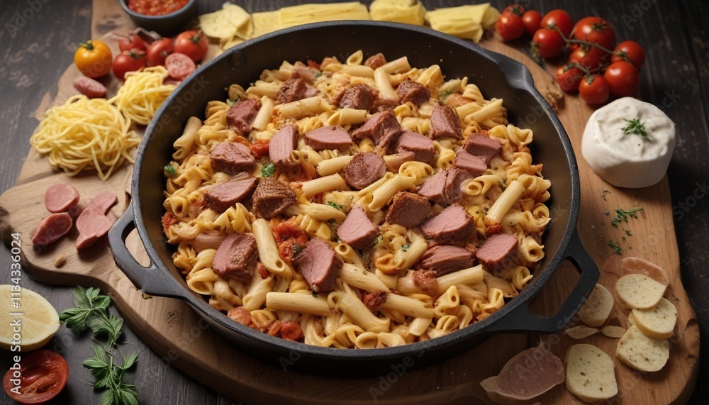 Fototapeta premium A hearty mix of pasta and cooked meat in a large skillet , meal, utensils