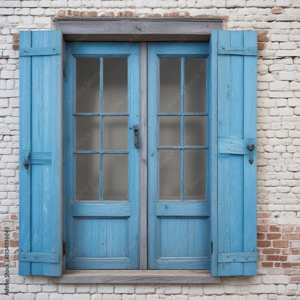A stunning blue weathered wooden window in a rustic wooden door on a white background, distressed wood, blue grey A stunning blue weathered wooden window in a rustic wooden door on a white background, distressed wood, blue grey