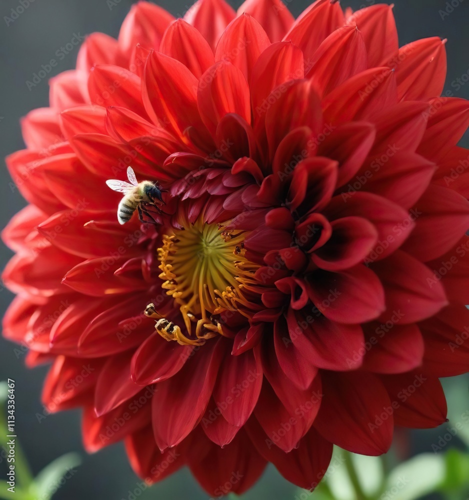 A single bright red dahlia flower with a honey bee sipping nectar from its center, flowering plants, blooming flowers A single bright red dahlia flower with a honey bee sipping nectar from its center, flowering plants, blooming flowers