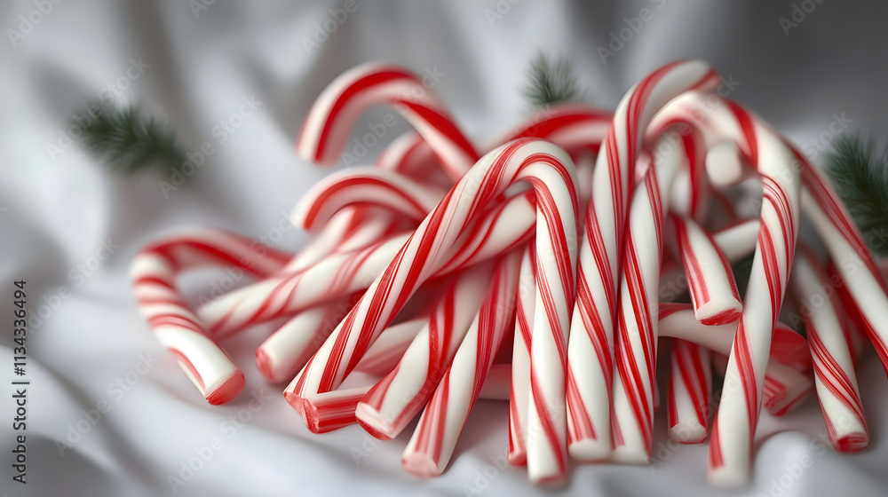 Fototapeta premium Festive red and white candy canes in a pile, evoking the spirit of Christmas and sweet holiday treats. Ideal for seasonal celebrations and decorations.