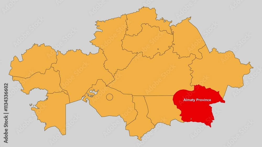Almaty Province map animated video. The location is highlighted on the Kazakhstan map. Colour map with Gray background in video format. Almaty Province map animated video. The location is highlighted on the Kazakhstan map. Colour map with Gray background in video format.