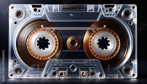 Retro transparent cassette tape with visible reels and golden highlights in dramatic lighting.