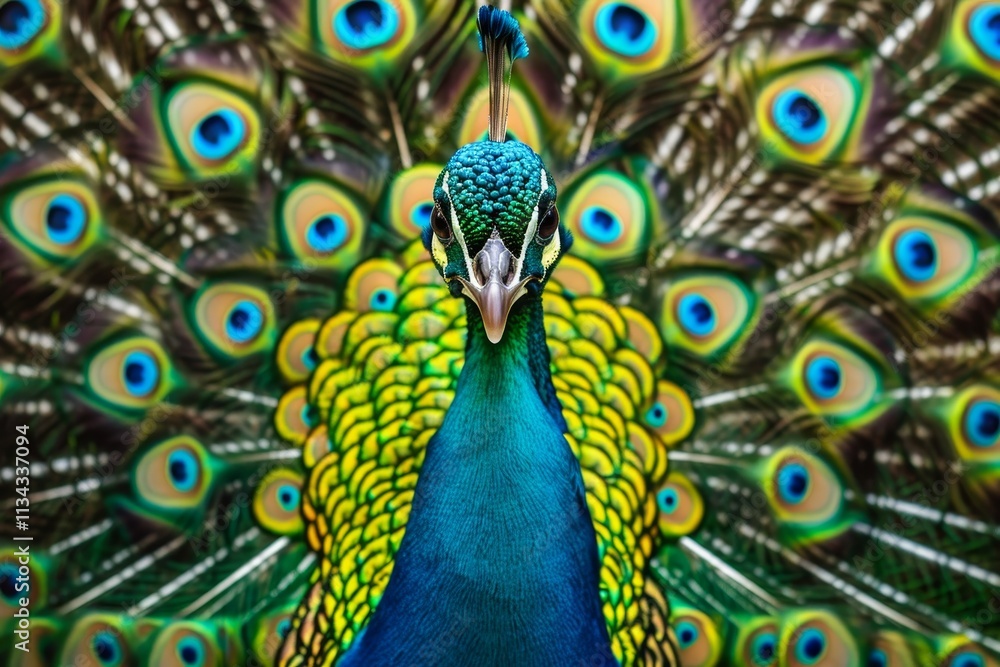 Fototapeta premium This captivating peacock showcases its colorful feathers, intricately patterned with blue, green, and gold, in a lush setting under bright sunlight.