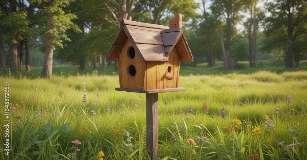 A traditional wooden birdhouse in a grassy meadow , traditional, lawn, garden A traditional wooden birdhouse in a grassy meadow , traditional, lawn, garden