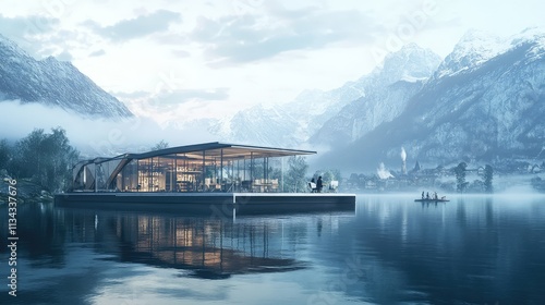 A modular floating office building, featuring a flexible layout and sustainable design elements, floating above a lake or river