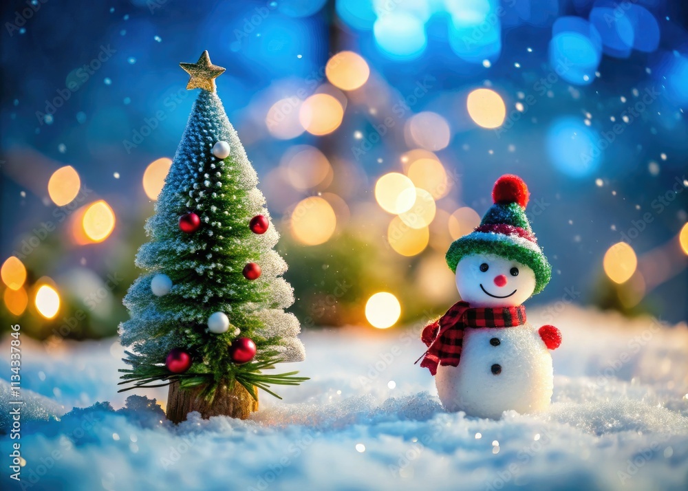A miniature Christmas tree and snowman, nestled in a tilt-shift winter wonderland, evoke a charming snow scene. A miniature Christmas tree and snowman, nestled in a tilt-shift winter wonderland, evoke a charming snow scene.
