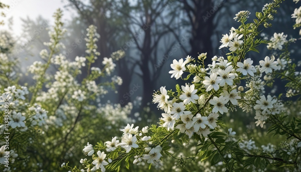 White flowers scattered across twisted elderberry stems, forest path, nature photography White flowers scattered across twisted elderberry stems, forest path, nature photography
