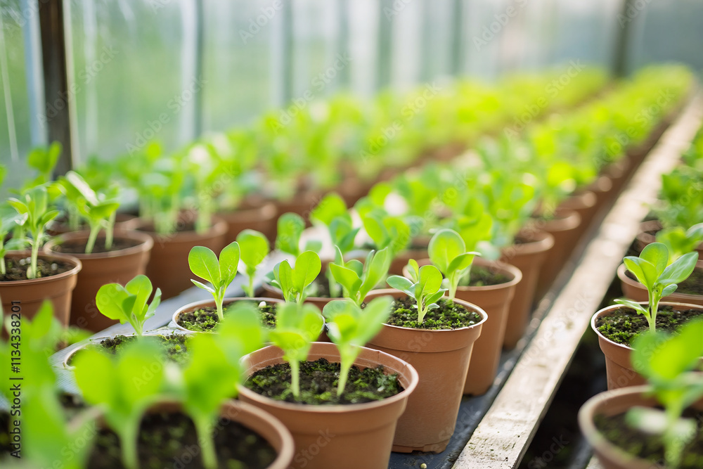 Rows of young plants in small pots, neatly arranged in a greenhouse Rows of young plants in small pots, neatly arranged in a greenhouse