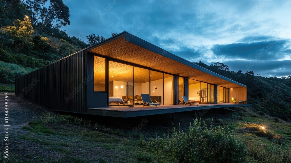 A modular house with cantilevered sections and angled roofs, set against a serene hillside landscape A modular house with cantilevered sections and angled roofs, set against a serene hillside landscape