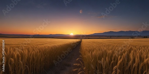 Landscape at dusk with a full moon rising over golden wheat field , tranquility, rural landscape photo