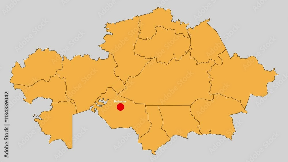 Baikonur map animated video. The location is highlighted on the Kazakhstan map. Colour map with Gray background in video format. Baikonur map animated video. The location is highlighted on the Kazakhstan map. Colour map with Gray background in video format.