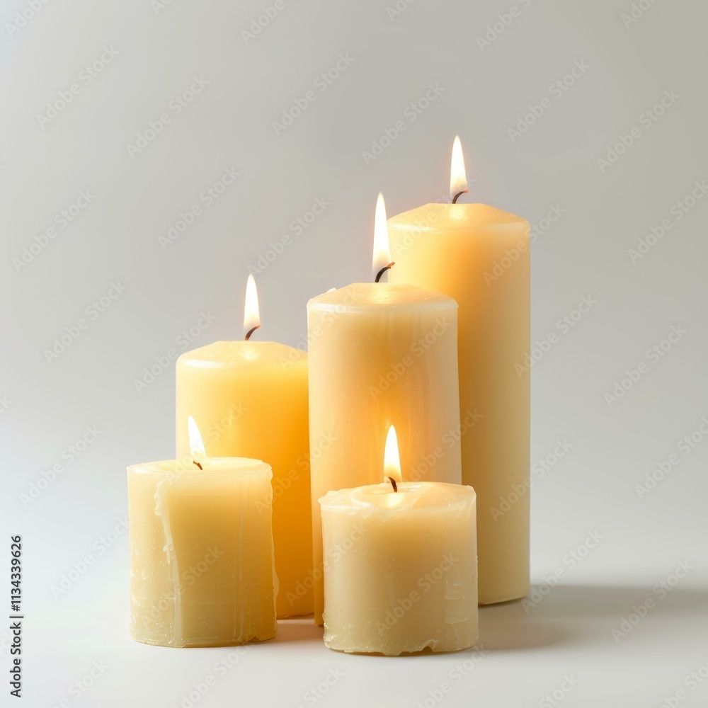 Five burning candles of varying heights create a peaceful atmosphere against a simple white backdrop Five burning candles of varying heights create a peaceful atmosphere against a simple white backdrop