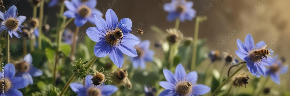 Bees flying from one borage flower to another, pollination, borage, bees Bees flying from one borage flower to another, pollination, borage, bees