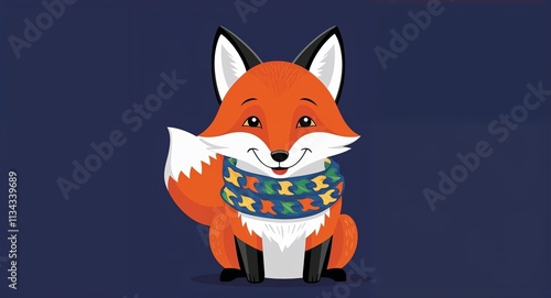 A happy fox in a colorful scarf kid cute art illustration on a plain navy background photo