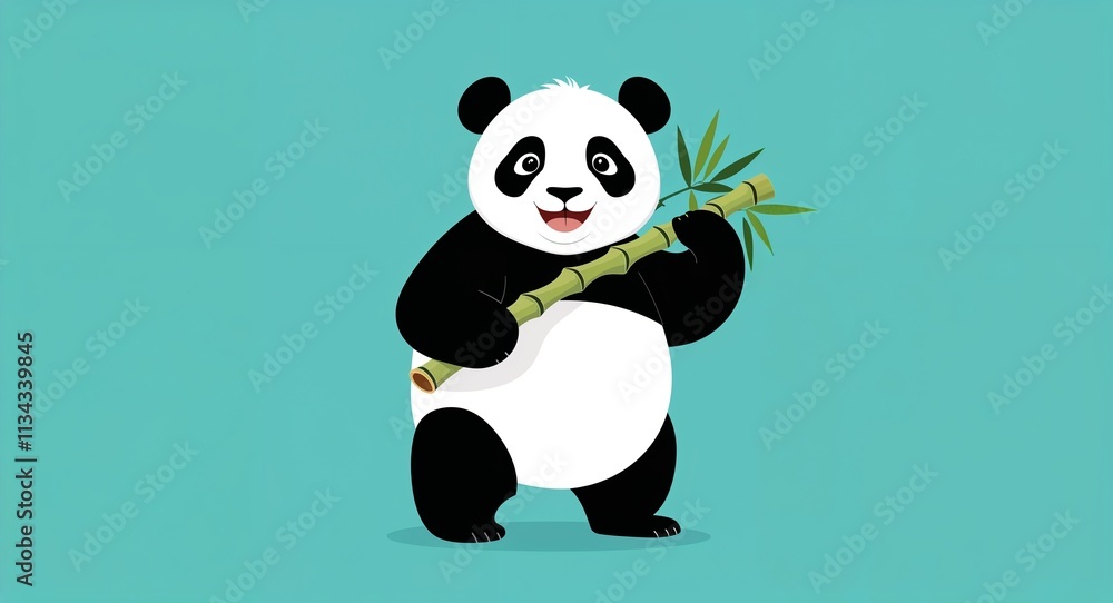 A happy panda holding a bamboo stick kid art illustration on a plain turquoise background A happy panda holding a bamboo stick kid art illustration on a plain turquoise background