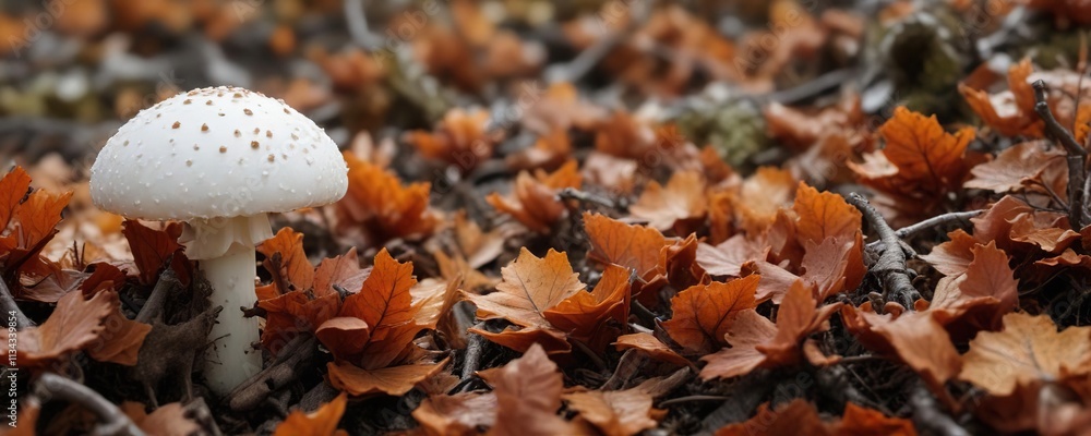 tall white fungus with brown conical cap in bed of leaves and twigs, fungus, tree fungus, forest floor tall white fungus with brown conical cap in bed of leaves and twigs, fungus, tree fungus, forest floor