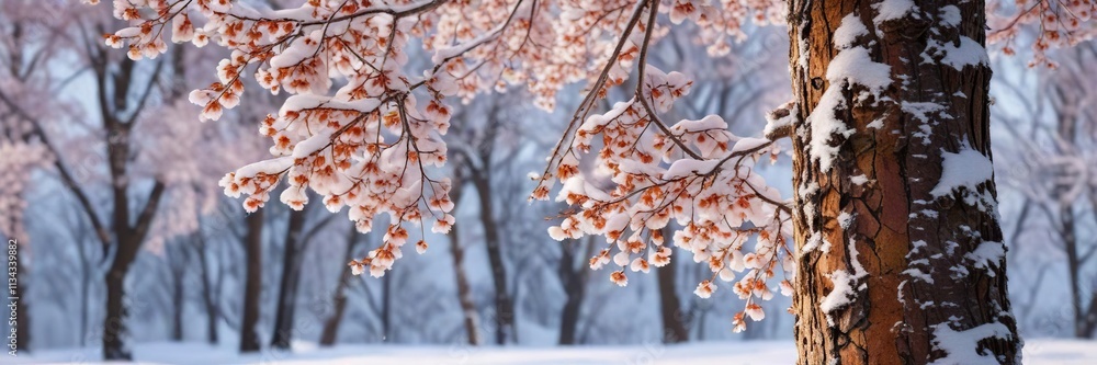 Snow-covered tree with exposed Prunus avium bark, tree roots exposed, evergreen tree bark Snow-covered tree with exposed Prunus avium bark, tree roots exposed, evergreen tree bark