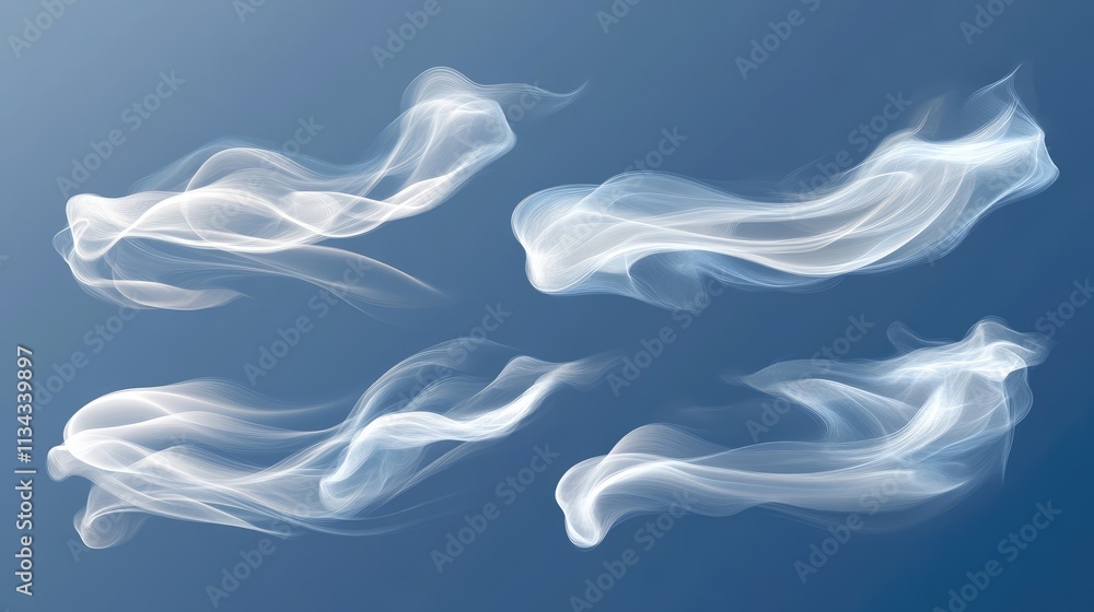 White air flow effect on blue background. A realistic modern illustration set of a fresh cold wind blowing wave and swirl. A clean cool breeze stream. Suction trail from a vacuum cleaner or White air flow effect on blue background. A realistic modern illustration set of a fresh cold wind blowing wave and swirl. A clean cool breeze stream. Suction trail from a vacuum cleaner or