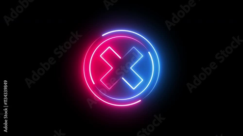 Neon glowing Cross X icon isolated on black background.