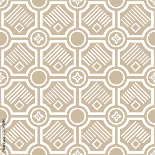 Abstract geometric floral seamless pattern. Beige and white ornament. Modern stylish texture repeating. Vector background.