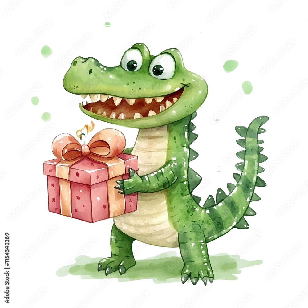 Fototapeta premium Adorable Cartoon Crocodile Holding a Birthday Gift