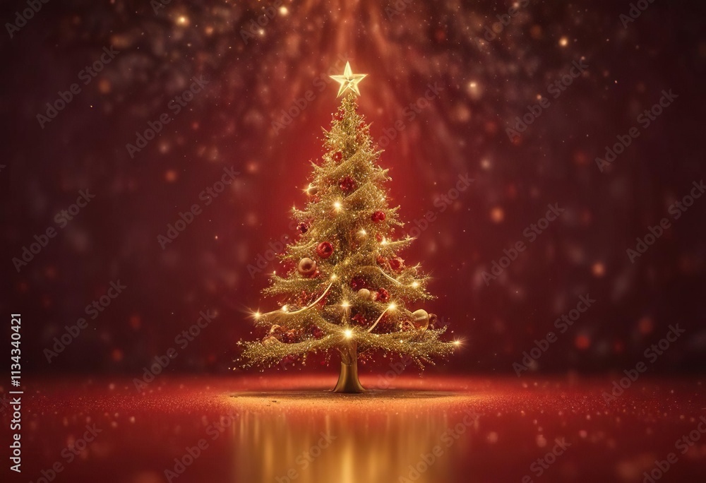 Abstract golden Christmas tree on a dark red background with glittering particles, winter wonderland, sparkly particles Abstract golden Christmas tree on a dark red background with glittering particles, winter wonderland, sparkly particles