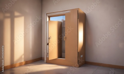 Cardboard box with a door on top and a window  desk organizer  shipping box