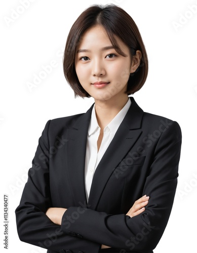 young asian girl with short hair wearing office attire with crossed arms . sideways body . ai generate 