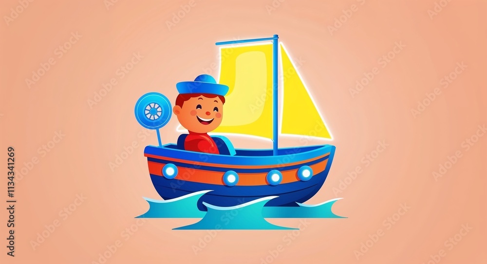 A smiling toy boat with a glowing sail kid cute art illustration on a plain peach background A smiling toy boat with a glowing sail kid cute art illustration on a plain peach background