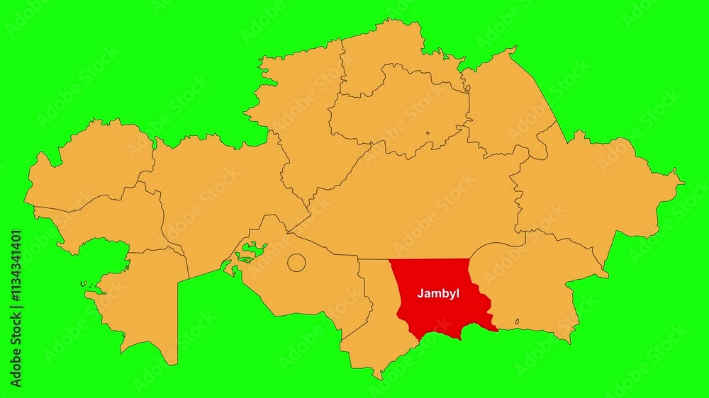 Jambyl map animated video. The location is highlighted on the Kazakhstan map. Colour map with Green screen background in video format. Jambyl map animated video. The location is highlighted on the Kazakhstan map. Colour map with Green screen background in video format.